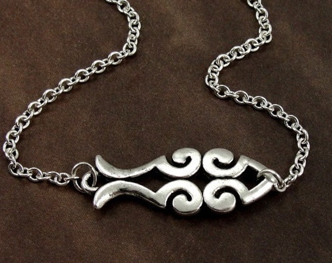 Christian Ichthus Fish Scroll Necklace, Silver Jesus Fish Charm on a Silver Cable Chain