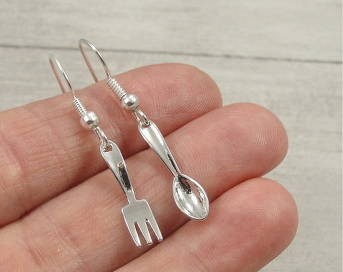 Tiny Fork and Spoon Earrings, Silver Plated