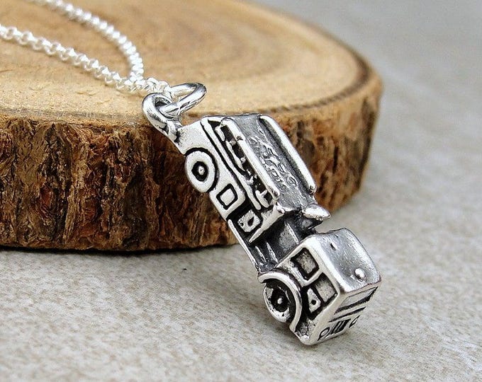 Fire Engine Necklace, 925 Sterling Silver 3D Fire Truck Charm Necklace, Firefighter Necklace, Fireman Jewelry, Firefighter Gift
