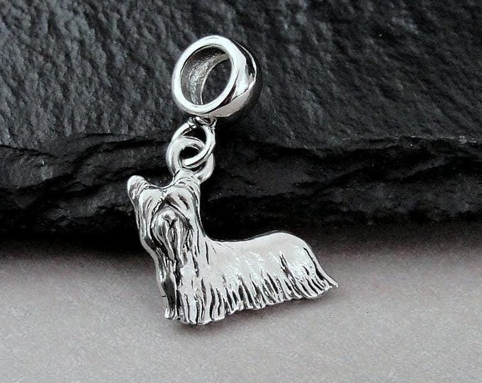 Yorkshire Terrier European Charm, Silver Yorkie Dangle Charm, Yorkshire Terrier Charm with Bail, Skye Terrier Charm, Yorkshire Terrier Gift