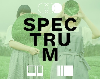 May include: Two people wearing dresses stand in a field with green grass. The person on the left is holding a round mirror reflecting the green grass. The person on the right is holding a round mirror reflecting the green grass. The text "SPECTRUM" is in large black letters in the center of the image.