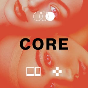 May include: Two close-up images of faces with the word "CORE" in bold, black letters in the middle of the image. The top image shows a person's eye with three white circles around it. The bottom image shows a person's eye with two white squares, one on top of the other, and a white checkered square to the right.