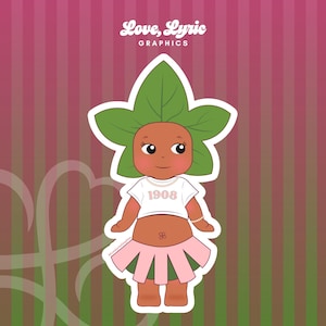 May include: A cartoon graphic of a character with a green leaf head, wearing a white crop top with "1908" on it and a pink skirt. The background is pink and green striped with the text "Love, Lyric GRAPHICS".