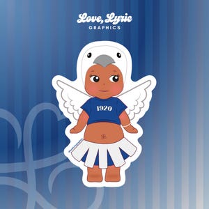 May include: A sticker featuring a cartoon baby dressed as a swan with white wings and a matching hood. The baby wears a blue shirt with "1920" printed on it and a white and blue skirt. The sticker has the text "Love, Lyric Graphics".