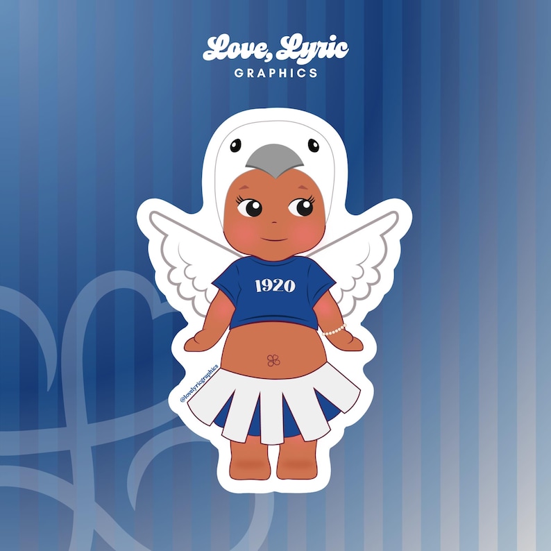 May include: A sticker featuring a cartoon baby dressed as a swan with white wings and a matching hood. The baby wears a blue shirt with "1920" printed on it and a white and blue skirt. The sticker has the text "Love, Lyric Graphics".