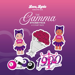 May include: A sticker pack featuring four designs: two cartoon figures in purple cat hats and pink 1990 shirts, a bouquet of red roses wrapped in newspaper print, and a graphic with the text 1990 Gamma Girlie and a scale symbol, plus billiard balls.