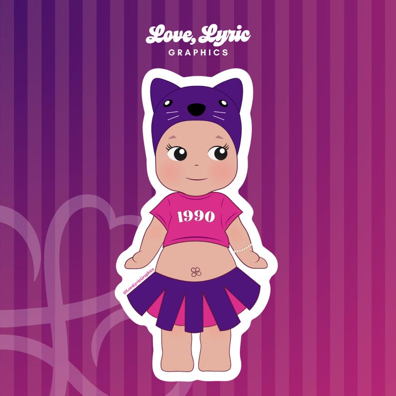 May include: A sticker featuring a cartoon baby wearing a purple cat-eared hat, a pink crop top with "1990" printed on it, and a purple and pink pleated skirt. The sticker has a white border and the text "Love, Lyric GRAPHICS" at the top.