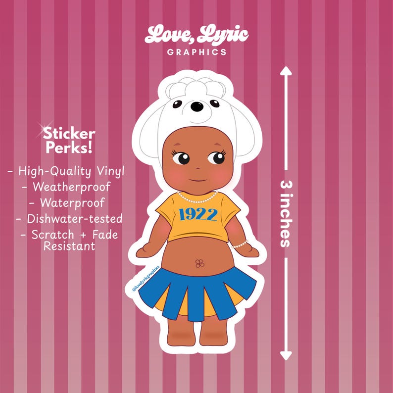 May include: A die-cut sticker featuring a cartoon baby wearing a white hat with black eyes and ears, a yellow shirt with "1922", and a blue skirt. The sticker is 3 inches (7.6 cm) tall. The sticker is high-quality vinyl, weatherproof, waterproof, dishwasher-tested, and scratch and fade resistant.