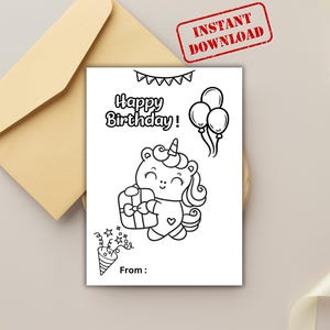 Carte imprimable à colorier d'anniversaire pour les enfants, carte d'anniversaire licorne, salutations, téléchargement numérique de carte d'anniversaire, carte