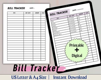 Bill Payment Tracker, Bill Organizer, Bill Tracker, Bill Due Planner, Monthly Bill Tracker, Weekly Budget Planner, Checklist, Printable PDF