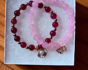 Handmade Pink Beaded Bracelet, Glass Bead Stretch Bracelets with Butterfly & Shell Charms, Gift for Her, Birthday Jewelry