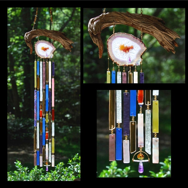 Wind Chimes Recycled Beach Glass Sea Glass Suncatcher Driftwood Wind Chimes Stained Glass Sun Catcher - Purple and Gold Vibrations