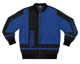 May include: A blue and black bomber jacket with the text "POWER WAGON" printed vertically on the front and on the left sleeve. The jacket has a black zipper and black cuffs.