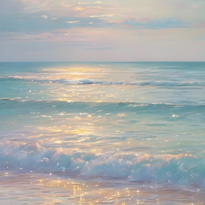 Lugn akvarell strandscen med guldfläckar – Lugnande havsvågor och blå toner på väggen