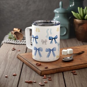 Blue and Gold Bow Insulated Coffee Cup, Travel Cup, Hot and Cold Beverage Tumbler, Reusable Mug, Eco-Friendly Drinkware Insulated Coffee Mug
