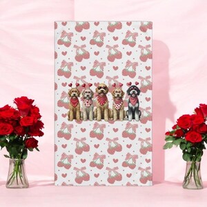 May include: Six dogs wearing heart-shaped glasses and red bandanas are lined up in front of a white background with a repeating pattern of pink strawberries and hearts.