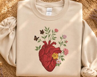 Sudadera con corazón anatómico bordado – Sudadera floral botánica de la naturaleza