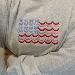 Red, Pink and Bows Cutie America Embroidered Sweatshirt, Flag sweatshirt, American Girlie Bows, Flag, Sleeve 1776 embroidery, 4th July