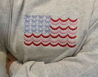 Red, Pink and Bows Cutie America Embroidered Sweatshirt, Flag sweatshirt, American Girlie Bows, Flag, Sleeve 1776 embroidery, 4th July