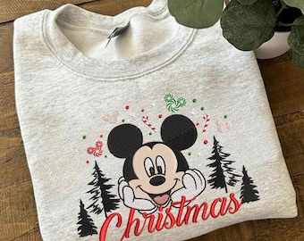Christmas Mickey Embroidery Sweatshirt, Cute Disney Christmas Crewneck, Mickey Mouse Holiday Sweater, Xmas Gift for Family
