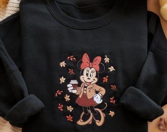 Felpa autunnale ricamata di Minnie, felpa autunnale Disney, girocollo Cozy Season, maglietta autunnale di Minnie, felpa Disney per adulti