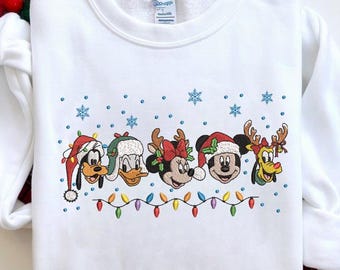 Christmas Embroidered Sweatshirt, Disney Character Embroidery Shirt, Holiday Mickey Minnie Pullover, Cozy Xmas Sweater, Cute Christmas Gift