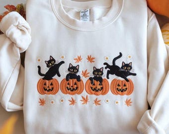 Halloween-katttröja – Broderad pumpa-tröja, läskig säsongströja, hösttröja, present till kattmammor