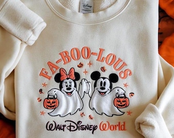 ディズニーワールド Fa-Boo-Lous 刺繍スウェットシャツ、ミッキーとミニーのゴーストハロウィンスウェットシャツ、ディズニーハロウィンシャツ、不気味な秋のディズニー
