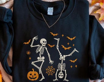 Halloween Skeleton gesticktes Sweatshirt, gruseliger Rundhalsausschnitt, tanzendes Skeleton Halloween Shirt, niedlicher Herbst bestickter Pullover