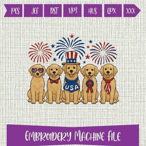 4th of July Golden Retriever Embroidery Design - Patriotic Dog USA Flag Machine File - Independence Day Digital Download