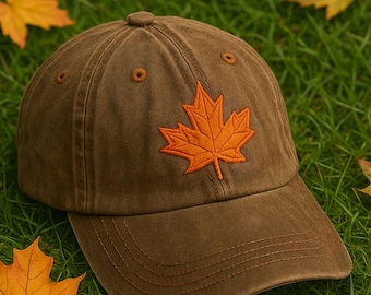 Cappellino da baseball con ricamo a foglia d'acero autunnale, cappello da papà vintage lavato, cappellino con estetica autunnale, outfit con zucche, regalo per lui e per lei