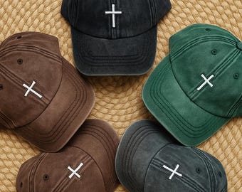 Embroidered Cross Dad Hat, Christian Faith Washed Baseball Cap, Religious Embroidery Hat, Spiritual Gift, Vintage Christian Cap