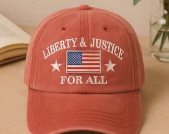 Liberty and Justice For All Washed Baseball Hat, 4th of July Embroidered Hat, Resist DEI Hat, Pledge Of Allegiance Hat, Human Rights Cap