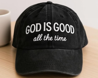 Gott ist gut gestickte Mütze, christliche Glaubensmütze, Zitatmütze für immer, gewaschene schwarze Baseballmütze, religiöses Geschenk für sie oder ihn