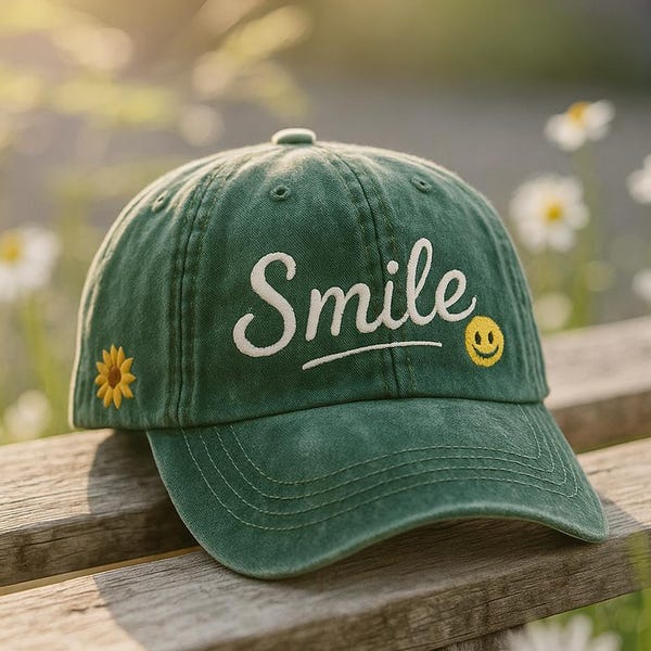 Gorra con margaritas sonrientes, gorra lavada con bordado floral, linda gorra con estampado floral, gorra de béisbol con vibras positivas, regalo para ella, gorra cottage core
