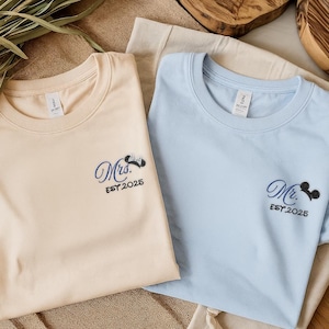 Embroidered Disney Mrs And Mr shirt, Mickey Minnie Couple Tee, Disney Wedding Hoodie, Just Married Honeymoon Matching Sweatshirt