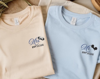 Embroidered Disney Mrs And Mr shirt, Mickey Minnie Couple Tee, Disney Wedding Hoodie, Just Married Honeymoon Matching Sweatshirt