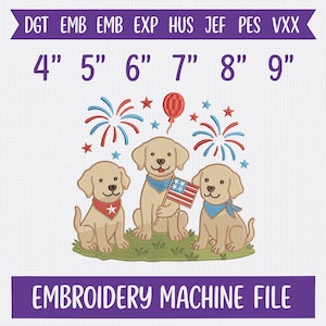 Patriotic Puppy Trio Embroidery Design, 4th of July Puppies Quick Stitch Sketch Fill Design, Lab Dog Embroidery Design