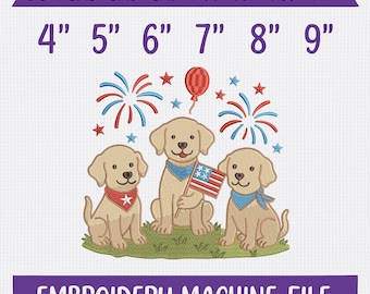 Patriotic Puppy Trio Embroidery Design, 4th of July Puppies Quick Stitch Sketch Fill Design, Lab Dog Embroidery Design