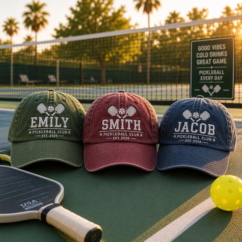 K&ouml;nnte beinhalten: Drei personalisierte Baseballkappen in Olivgr&uuml;n, Burgunderrot und Marineblau, jede bestickt mit einem Namen, Pickleballschl&auml;gern und dem Text "Pickleball Club - Est. 2026." Ein Pickleballschl&auml;ger und -ball befinden sich im Vordergrund.