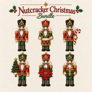 Può includere: Un set Nutcracker Christmas Bundle con sei figure di schiaccianoci ricamate in uniformi rosse, verdi e dorate. Ogni figura tiene in mano diversi oggetti natalizi, tra cui un tamburo, un bastoncino di zucchero, un albero, una stella di Natale e un regalo.