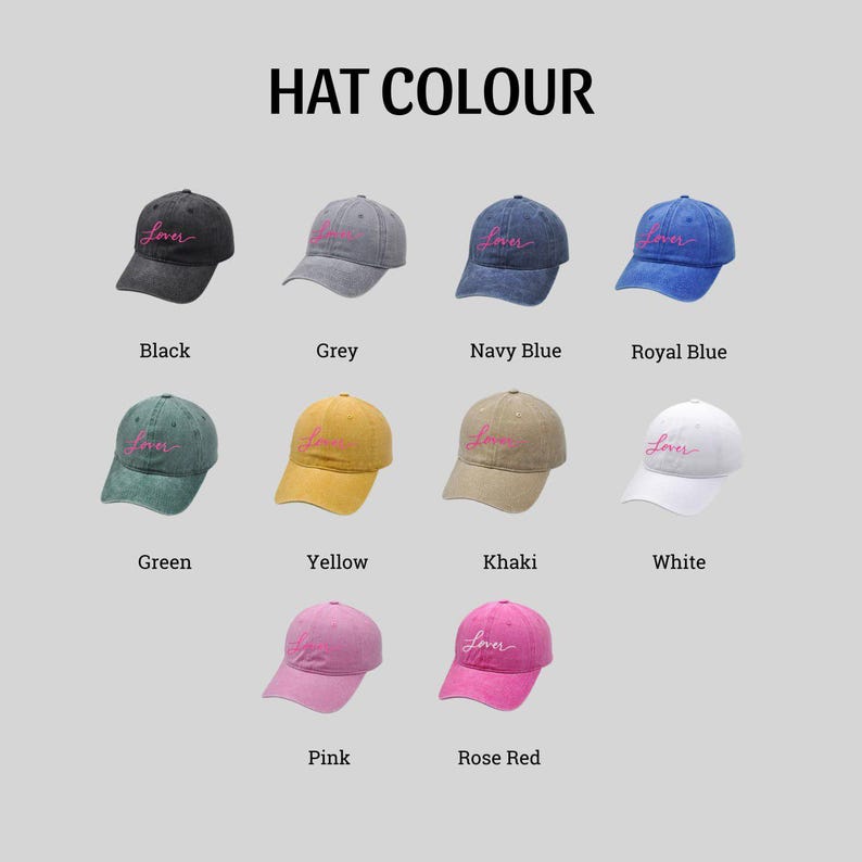 May include: A collection of baseball caps in various colors, including black, grey, navy blue, royal blue, green, yellow, khaki, white, pink, and rose red. Each cap features the word "Lover" embroidered in a contrasting color.