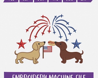 Patriotic Dachshunds Embroidery Design, 4th of July Pup with USA Flag, Independence Day Pet Embroidery File