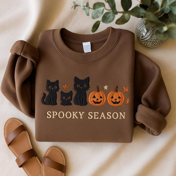 Embroidered Halloween Black Cat Sweatshirt, Pumpkin Fall Sweater, Halloween Crewneck, Cute Autumn Spooky Season, Bat Tee Top, Cat Lover Gift