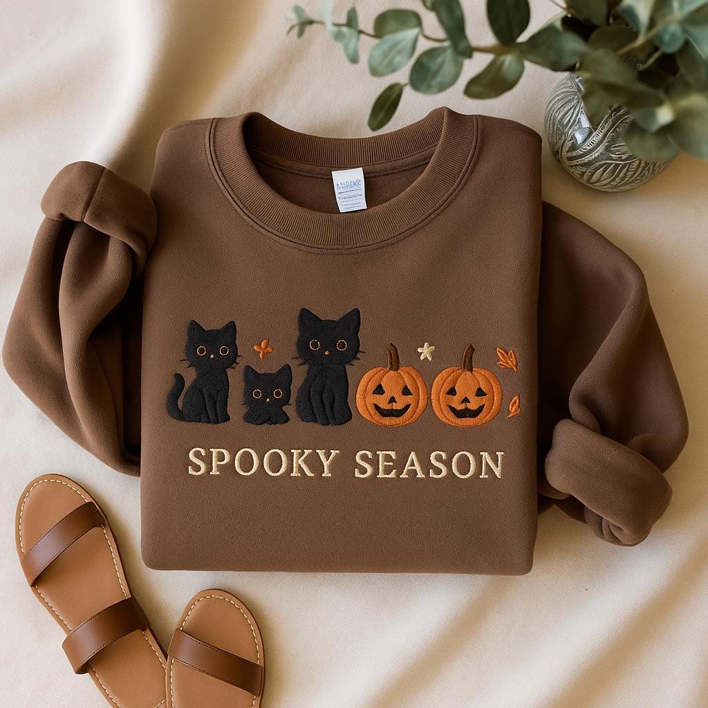 Embroidered Halloween Black Cat Sweatshirt, Pumpkin Fall Sweater, Halloween Crewneck, Cute Autumn Spooky Season, Bat Tee Top, Cat Lover Gift