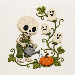 Diseño de bordado de esqueleto regando una calabaza, fantasmas de Halloween (archivo para máquina de bordar, descarga digital)