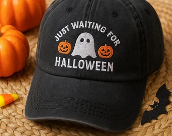 Just Waiting For Halloween Embroidered Hat – Funny Ghost Pumpkin Cap, Spooky Fall Retro Hat, Summerween Baseball Hat for Her