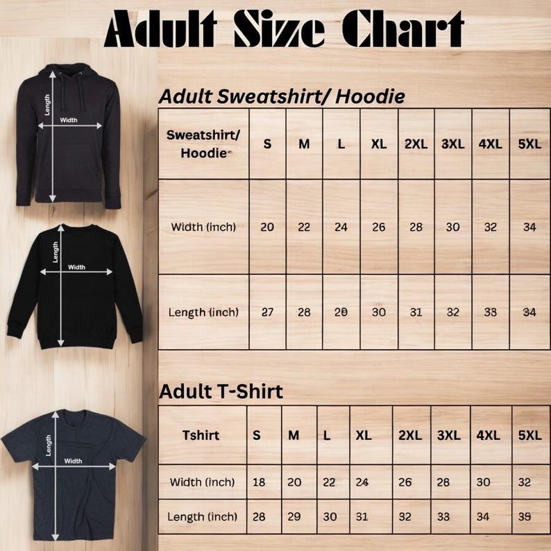 Może przedstawiać: Tabela rozmiar&oacute;w dla dorosłych dla bluz, bluz z kapturem i t-shirt&oacute;w. Tabela zawiera wymiary w centymetrach dla szerokości i długości, od rozmiaru S do 5XL. Tabela pomaga klientom znaleźć odpowiedni rozmiar.