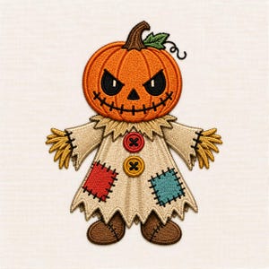 May include: An embroidered patch of a scarecrow with an orange pumpkin head featuring a stitched face, a beige tunic with a red button and a yellow button, a red patch, a blue patch, and brown shoes on a light cream fabric background.