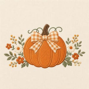 Può includere: Un disegno da ricamo che presenta una zucca arancione centrale con un picciolo marrone, decorata con un fiocco a quadretti beige e bianco. La zucca è affiancata da rametti simmetrici di foglie verdi, piccole margherite bianche e fiori arancioni.
